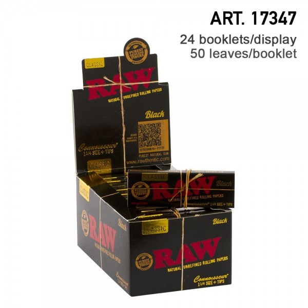 Raw | Black Connoisseur 1 ¼ Rolling Papers with Filter Tips 50 leaves per booklet - 24 booklets + ti
