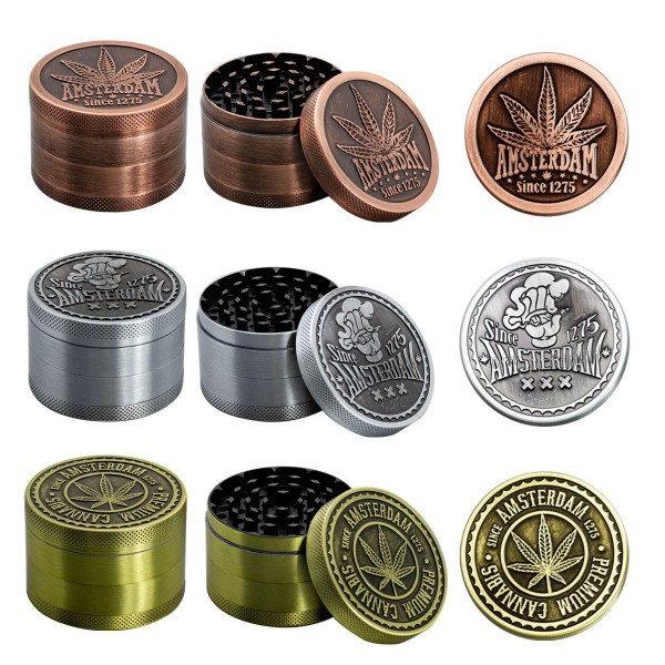 Amsterdam Leaf| 4-part Zinc Grinder 60 mm | 6 pcs Mixed Display