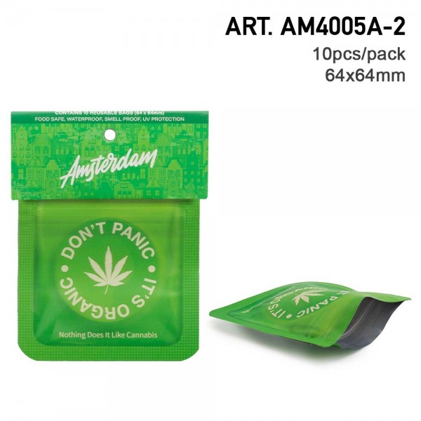 Amsterdam | &#039;Don&#039;t Panic&#039; 64x64mm Smell Proof Bags 10pcs in Display