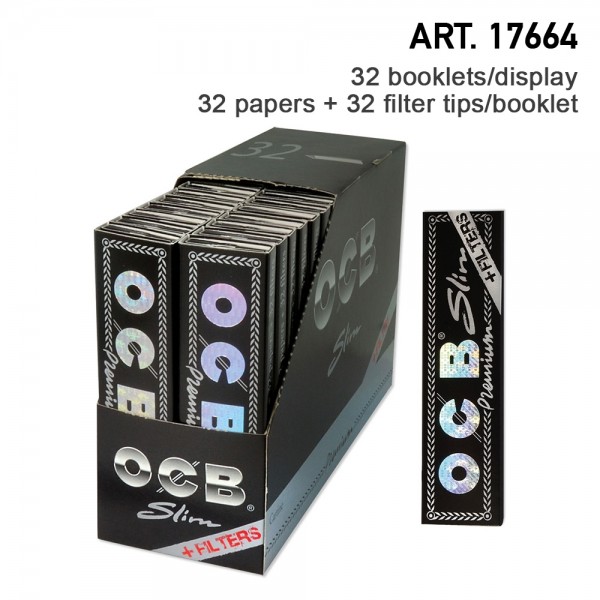 OCB | Premium Slim Papers (109 x 44 mm) with filter tips, 32 booklets in display / 32 papers + 32 fi