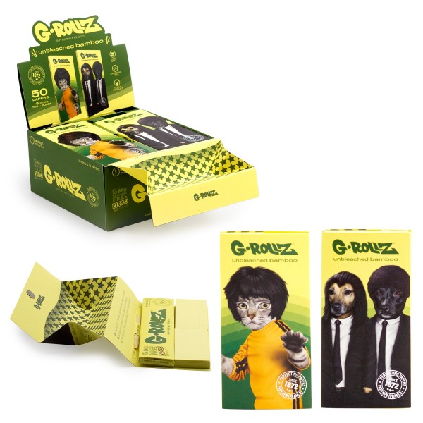 G-ROLLZ | 'Kung Fu Dogs' Bamboo Unbleached - 50 KS Papers + Tips & Tray (16 Booklets Display)