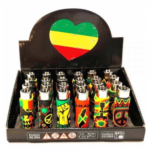 Clipper | Funda PVC Jamaica refillable lighters with mixed sleeve designs - 24pcs in display