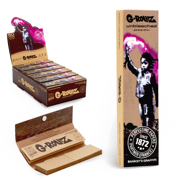 G-Rollz | Banksy&#039;s Graffiti &#039;Torch Boy&#039; Unbleached - 50 KS Slim Papers + Tips (24 Booklets Display)