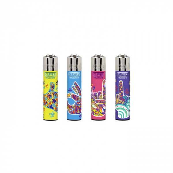 Clipper | Transparant refillable lighters HIPPIE HANDS 2 - 48pcs in display