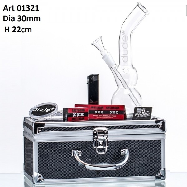 Dude Glass Bong in Aluminum Box- H:22cm- Ø:30mm Sock