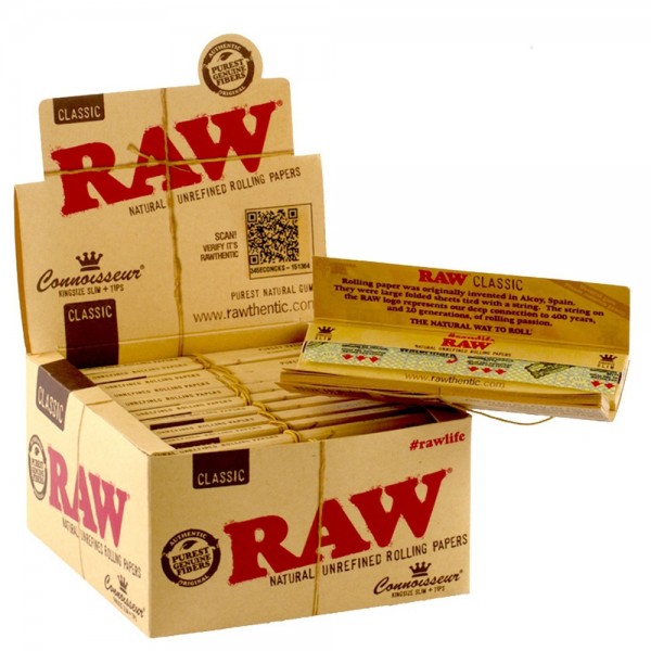 RAW | Classic Connoisseur KS Slim Rolling Papers + tips - 24pcs in a display