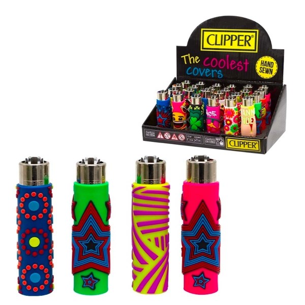 Clipper | Funda PVC MIX refillable lighters with mixed sleeve designs - 24pcs in display