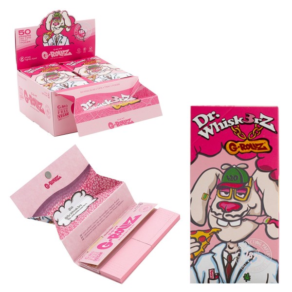 G-Rollz | &quot;Dr. Whiskerz&quot; Lightly Dyed Pink - 50 KS Slim Papers + Tips &amp; Tray (16 Booklets Display)