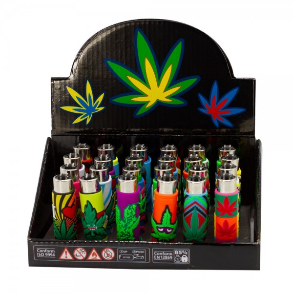 Clipper | Funda PVC Marijuana refillable lighters with mixed sleeve designs - 24pcs in display