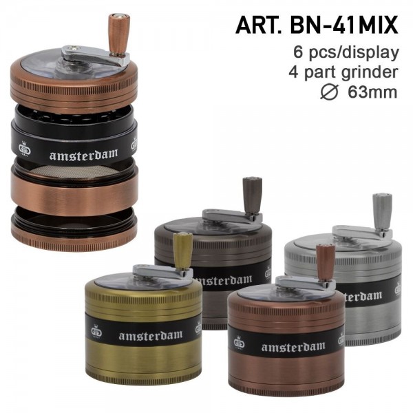 Grace Glass Amsterdam | Grinders - 4part - Ø:63mm - crank and window - Mixed Colors - 6pcs/box