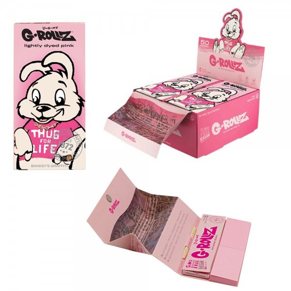 G-Rollz | Banksy&#039;s Graffiti &quot;Thug for Life&quot; Pink - 50 KS Slim Papers + Tips &amp; Tray (16 Booklets Disp
