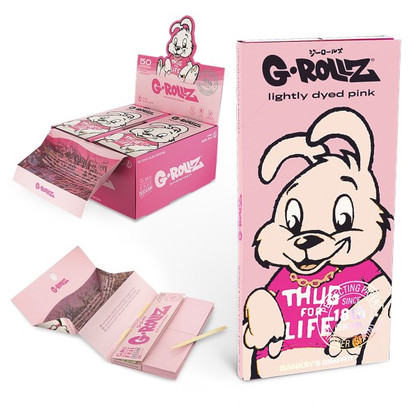 G-Rollz | Banksy&#039;s Graffiti &quot;Thug for Life&quot; Pink - 50 KS Slim Papers + Tips &amp; Tray (16 Booklets Disp