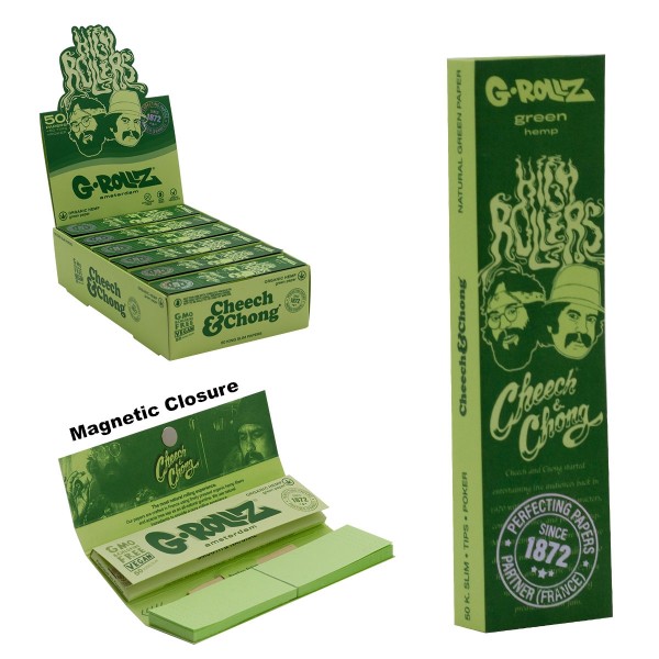 G-Rollz | Cheech &amp; Chong(TM) - Organic Green Hemp - 50 KS Slim Papers + Tips (24 Booklets Display)