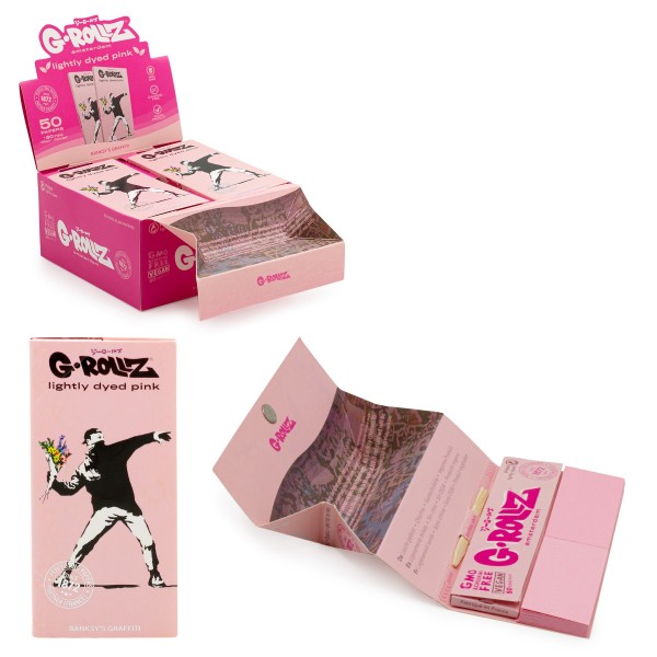G-Rollz | Banksy&#039;s Graffiti KS Slim Set 9 - Lightly Dyed Pink - 50 KS Slim Papers + Tips &amp; Tray