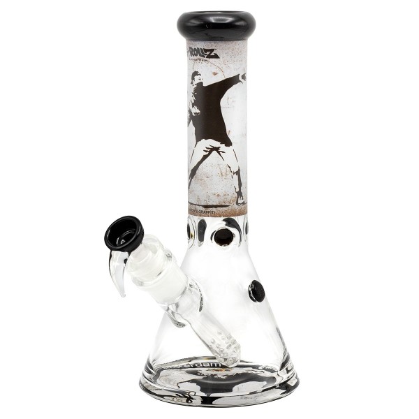 G-Rollz | Banksy&#039;s Graffiti &#039;Flower Thrower&#039; - Beaker Percolator Bong White H:35cm - Ø:50mm - SG:29.