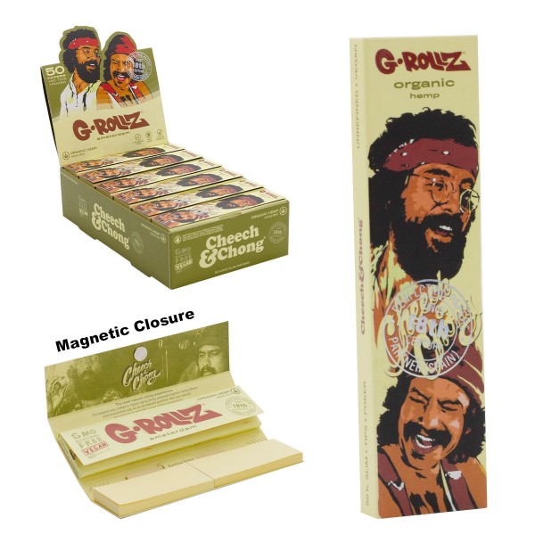 G-Rollz | Cheech &amp; Chong(TM) &#039;Vintage Faces&#039; Organic Hemp - 50 KS Slim Papers + Tips (24 Booklets Displ