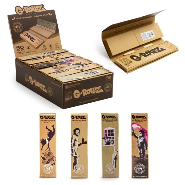 G-ROLLZ | Banksy&#039;s Graffiti - Unbleached Extra Thin - 50 KS Papers + Tips (24 Booklets Display)