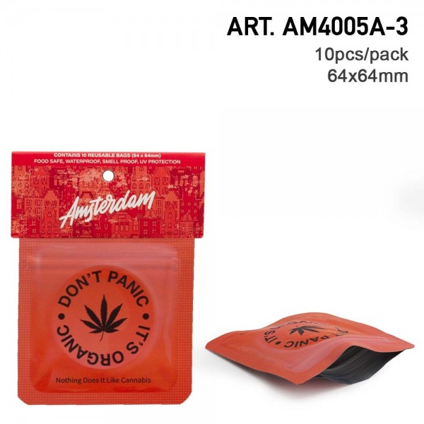 Amsterdam | &#039;Don&#039;t Panic&#039; 64x64mm Smell Proof Bags 10pcs in Display