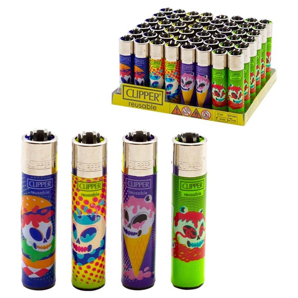 Clipper | Food Skulls refillable lighters with mixed designs - 48pcs in display