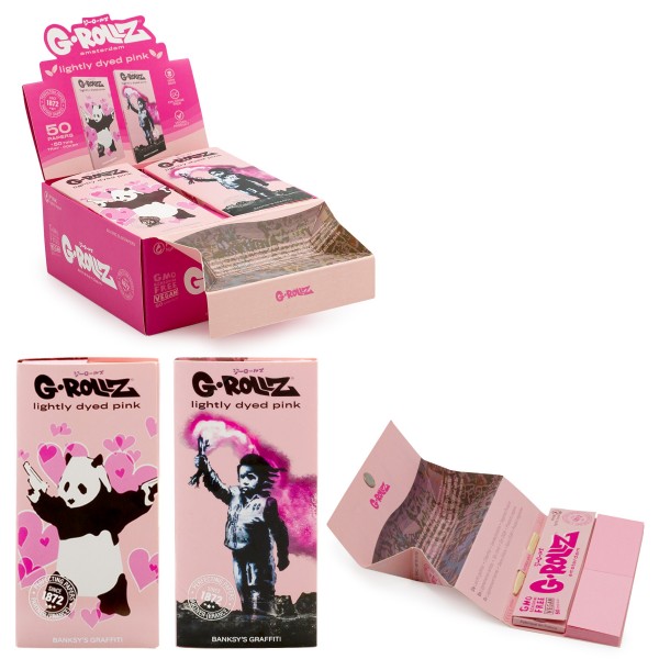 G-Rollz | Banksy's Graffiti KS Slim Set 8 - Lightly Dyed Pink - 50 KS Slim Papers + Tips & Tray