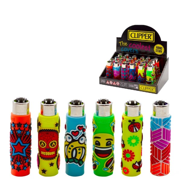 Clipper | Funda PVC MIX refillable lighters with mixed sleeve designs - 24pcs in display
