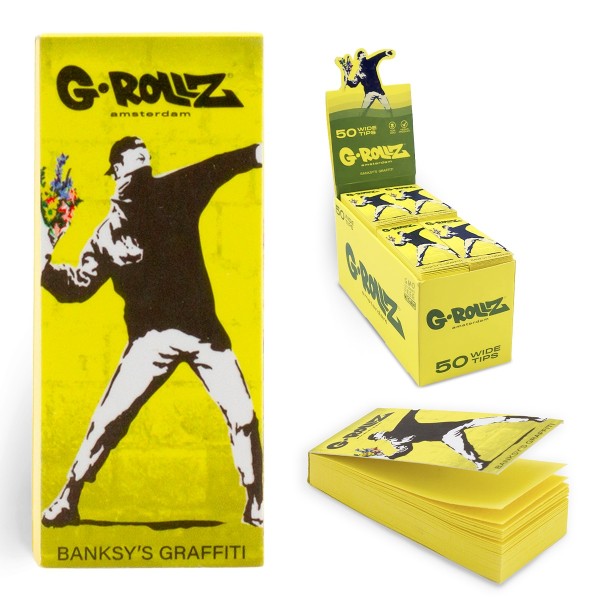 G-Rollz | Banksy&#039;s Graffiti &#039;Flower Thrower&#039; YELLOW Filter Tips 2,5 X 6cm 50 Tips Book 24/Display