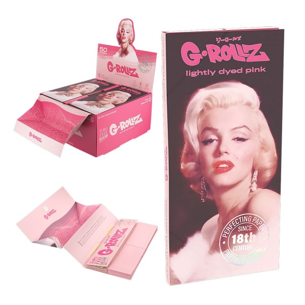 G-Rollz | &#039;Fabulous Face&#039; Lightly Dyed Pink - 50 KS Slim Papers + Tips &amp; Tray (16 Booklets Display)