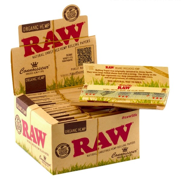 RAW | Organic Hemp Connoisseur King Size Slim rolling papers + tips - 24pcs in a display