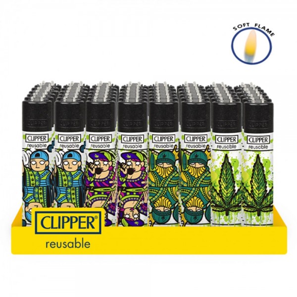 Clipper | Transparant refillable lighters with Poker Weed Designs - 48pcs in display