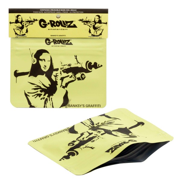 G-Rollz | Banksy&#039;s Graffiti &#039;Mona Launcher&#039; 105x80 mm Smellproof Bags - 8pcs in Display
