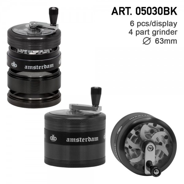 Grace Glass Amsterdam | Grinders - 4part - Ø:63mm - crank and window - Black - 6pcs/box