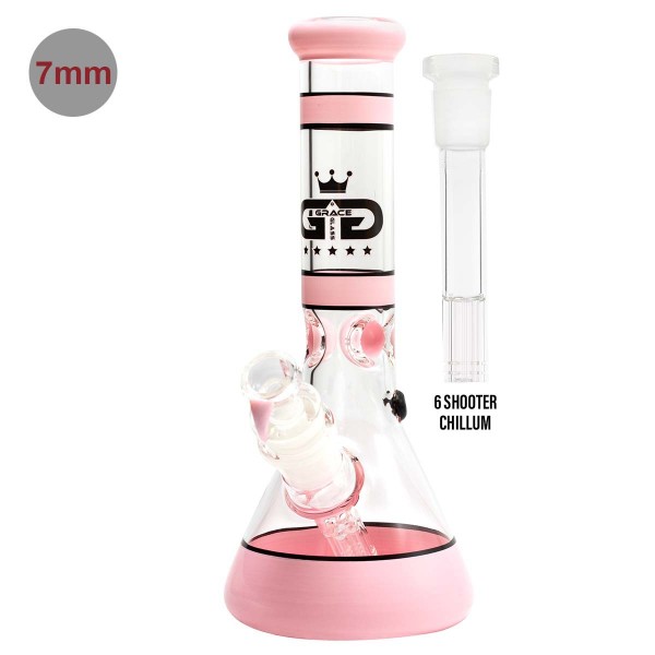 Grace Glass | Beaker Series Pink - H:30cm - SG:29.2 mm with 6 shooter Chillum - Ø50mm - 7mm thicknes