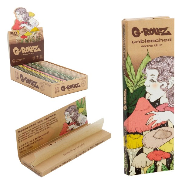 G-Rollz | &#039;Mushroom&#039; Unbleached Extra Thin - 50 &#039;1¼&#039; Papers (25 Booklets Display)