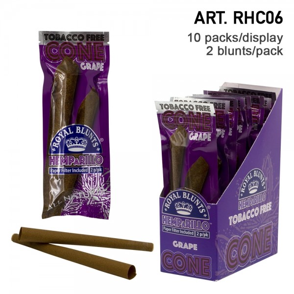 Royal Blunts | Hemparillo Grape Cones with tips - 20 cones in display