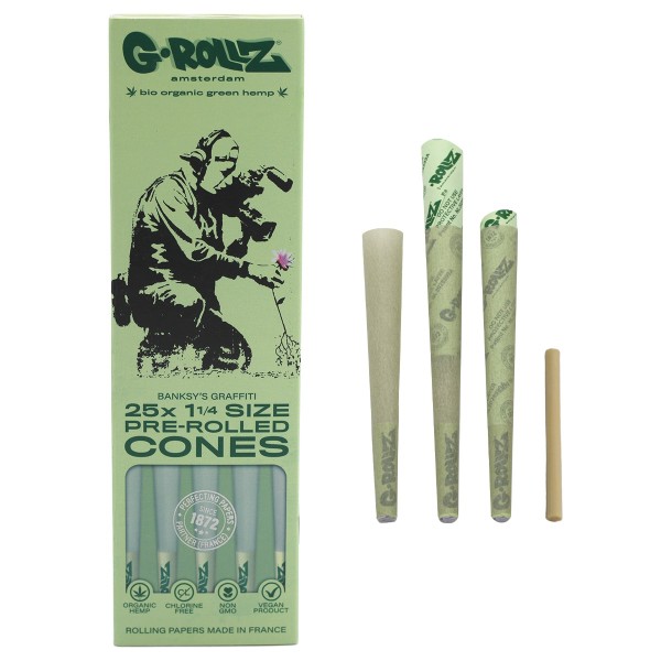 G-ROLLZ | Banksy&#039;s Graffiti - Organic Green Hemp - 25 &#039;1¼&#039; Cones
