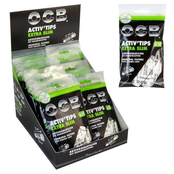 OCB | Activ Tips EXTRA Slim activated carbon filter ø 6mm with ceramic caps, 50 filters in one bag
