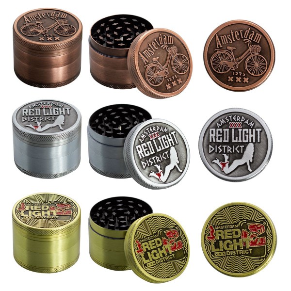 Amsterdam Red Light| 4-part Zinc Grinder 50 mm | 12 pcs Mixed Display