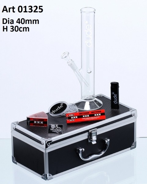 Dude Glass Bong in Aluminum Box- H:30cm- Ø:40mm Sock