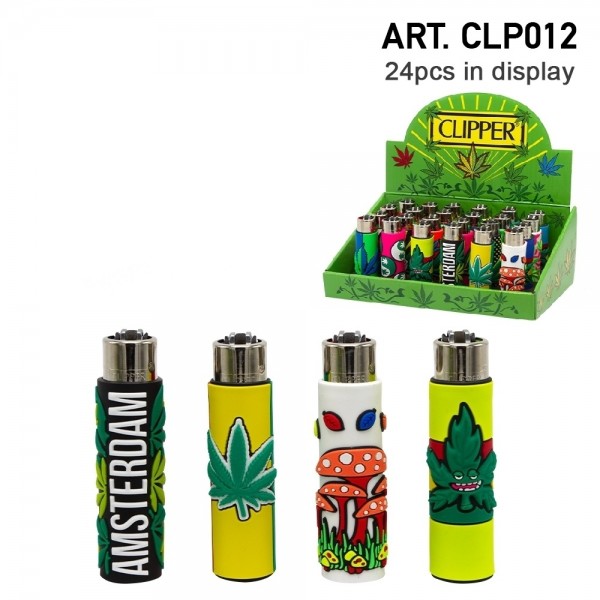 Clipper | Funda PVC Leaf refillable lighters with mixed sleeve designs - 24pcs in display