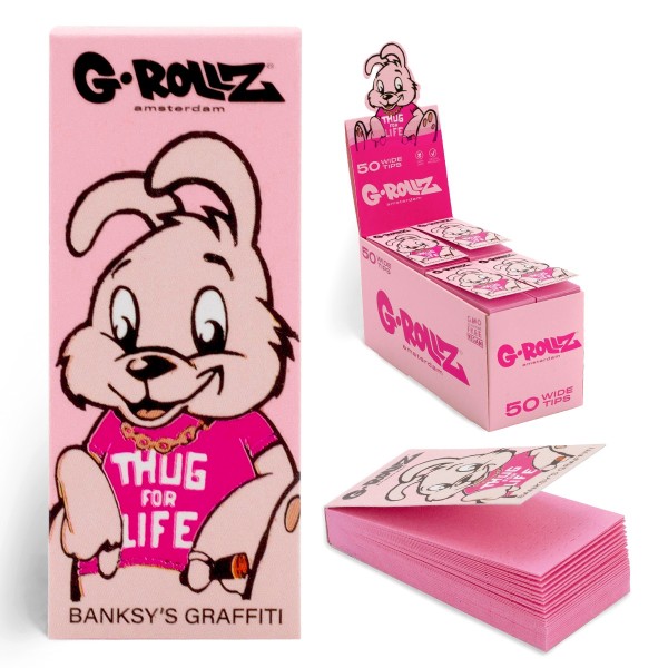 G-Rollz | Banksy&#039;s Graffiti &#039;Thug for Life&#039; PINK Filter Tips 2,5 X 6cm 50 Tips Book 24/Display