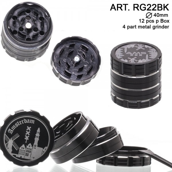 Dope Bros- Amsterdam: 4 Part Metal Grinder (Black) : Ø 40mm. 12 pcs/box