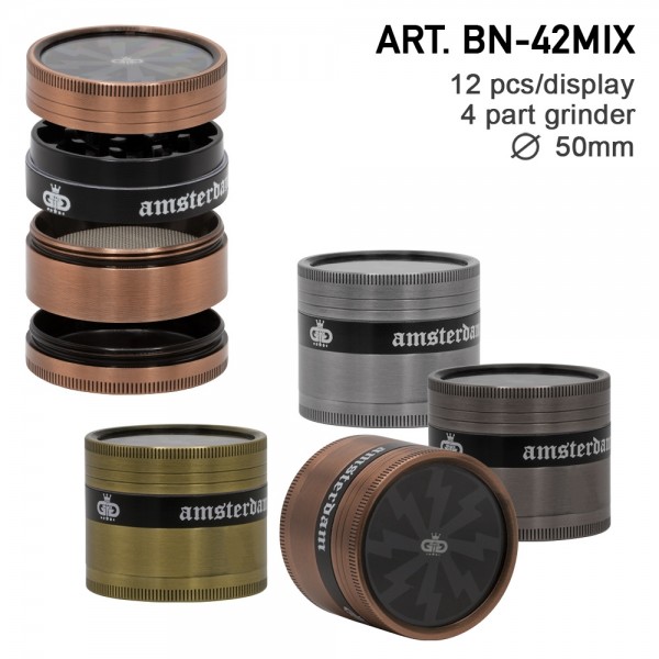 Grace Glass Amsterdam | Grinders - 4part - Ø:50mm - crank and window - Mixed Colors - 12 pcs/box