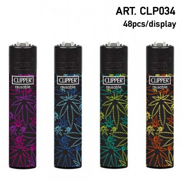 Clipper | Fluo Leaves 3 refillable lighters with mixed designs - 48pcs in display