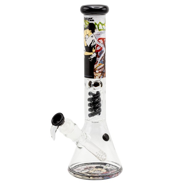 G-Rollz | Banksy's Graffiti 'Kissing Coppers' - Beaker Percolator Bong White H:42cm - Ø:50mm - SG:29