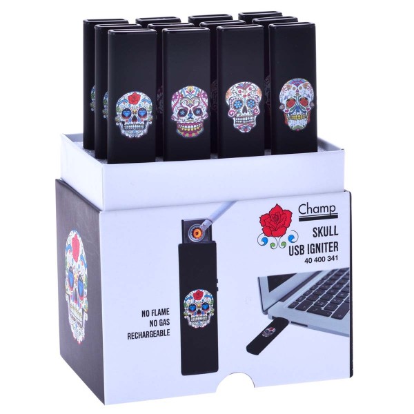 Champ | USB lighters with black Skull logo&#039;s there are 12 pcs in a display