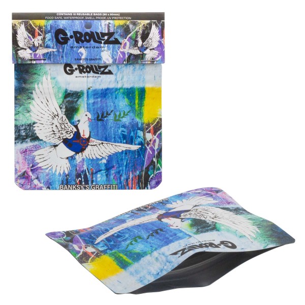 G-Rollz | Banksy&#039;s Graffiti &#039;Bulletproof Dove&#039; 90x80 mm Smellproof Bags - 10pcs in Display