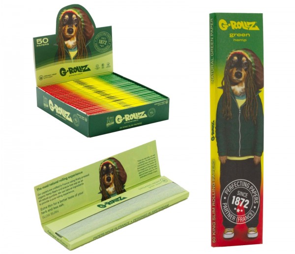 G-Rollz | Pets Rock &#039;Reggae&#039; - Green Organic Hemp - 50 KS Slim Papers (25 Booklets Display)