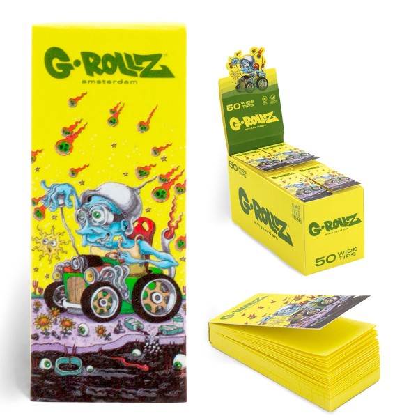 G-Rollz | Dunkees &#039;&#039;Hotrod Guy&#039;&#039; Yellow Filter Tips 2,5 X 6cm 50 Tips Book 24/Display