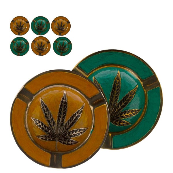 Leaf | Metal Ashtray Green&Gold colors with Leaf Logo Ø:13cm - 6pcs in a box