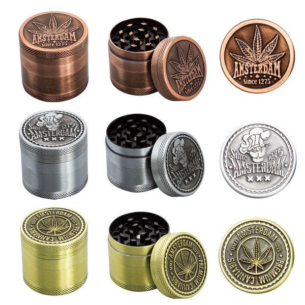 Amsterdam Leaf| 4-part Zinc Grinder 40 mm | 12 pcs Mixed Display